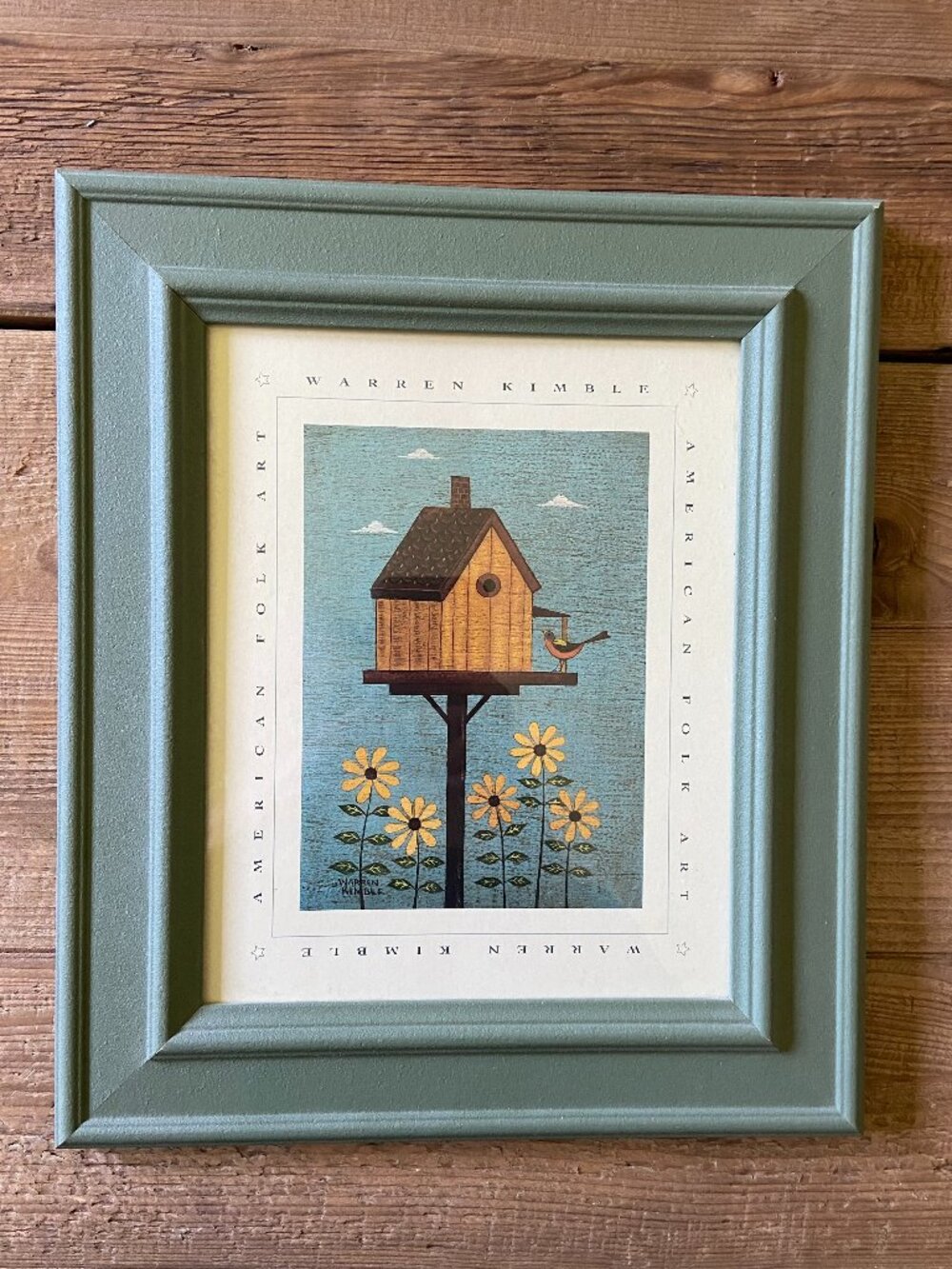 Warren Kimble print, framed folk art, birdhouse wall art, Americana artwork